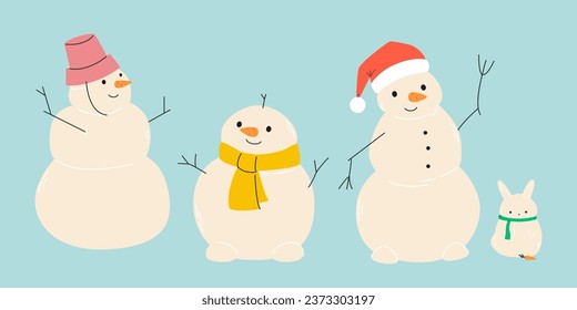 Cute cartoon snowmans sat.  Modern hand drawn colorful illustration. Funny Christmas character card template. Christmas Background. christmas theme. for website banner ads design, poster, postcard