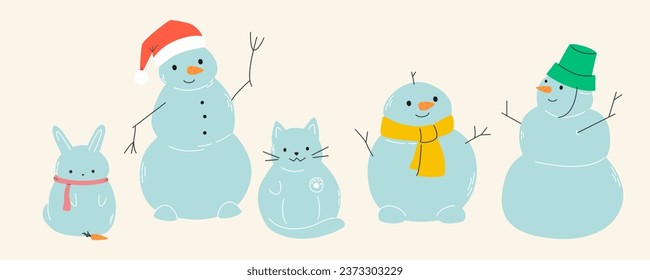 Cute cartoon snowmans sat.  Modern hand drawn colorful illustration. Funny Christmas character card template. Christmas Background. christmas theme. for website banner ads design, poster, postcard