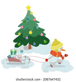 Cute cartoon snowmen in a hat carry a sled.