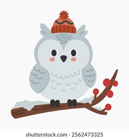 Cute cartoon snowy owl standing on a tree branch vector illustration isolated on white background