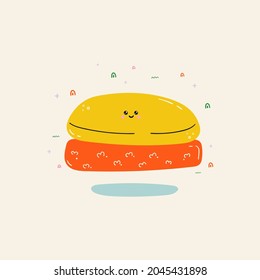 Cute cartoon soap on a substrate. Bathroom accessories bright icon. Hand-drawn poster with shapes, circles, face. Japanese style character for decorating brochures, advertisements, shops.