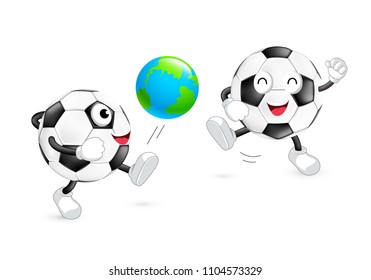 Cute cartoon soccer ball kick a globe ball. Mascot character, World cup concept. Illustration isolated on white background.