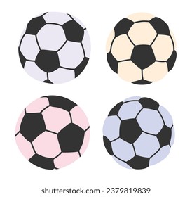 Cute cartoon soccer ball sports equipment set on white background.