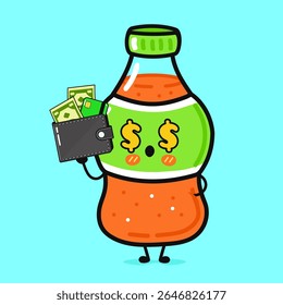 Cute cartoon soda bottle with money eyes and a wallet filled with cash.