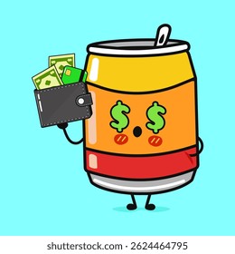 A cute cartoon Soda Can character holding a wallet full of money, with dollar sign eyes.