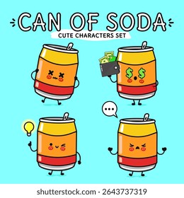 Cute cartoon soda cans with various expressions are featured against a light blue backdrop, designed for fun.