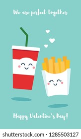 Cute Cartoon Soda Drink And French Fries Valentine's Day Vector Greeting Card