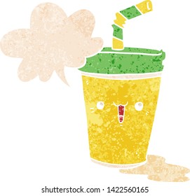 cute cartoon soda with speech bubble in grunge distressed retro textured style