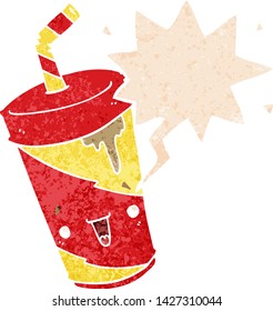 süße Karikatursoda mit Sprachblase in brüchiger Retro-strukturierter Form
