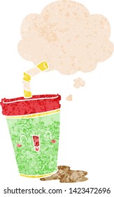 cute cartoon soda with thought bubble in grunge distressed retro textured style