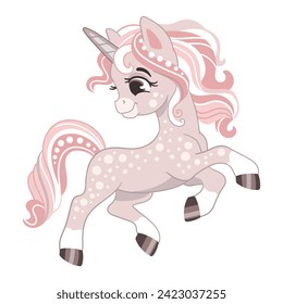 Dibujo lindo de unicornio rosa suave aislado en un fondo blanco. Carácter unicornio. Ilustración vectorial de color para impresión, diseño, pegatinas, decoraciones, ropa infantil, souvenirs