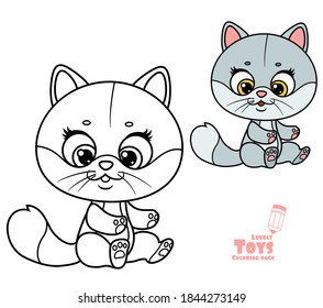 Cute cartoon soft toy gray cat outlined and color for coloring book sit on white background