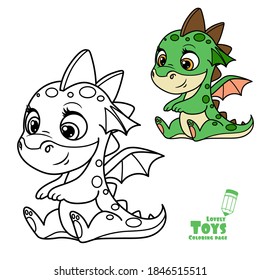 Cute cartoon soft toy green baby dragon outlined and color for coloring book