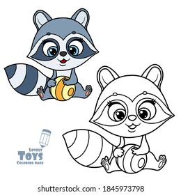 Cute cartoon soft toy raccoon with a striped ball in hands outlined and color for coloring book