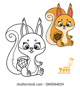 Cute cartoon soft toy squirrel sits and holds an acorn under his armpit outlined and color for coloring book