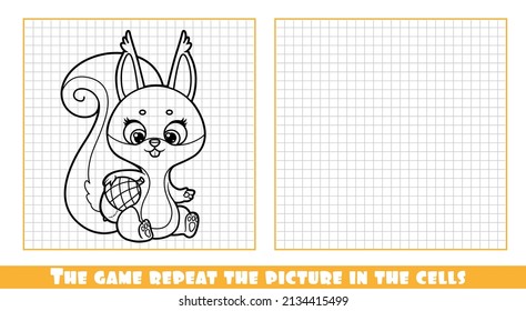 Cute cartoon soft toy squirrel sits and holds an acorn under his armpit outlined the game repeat the picture in the cells