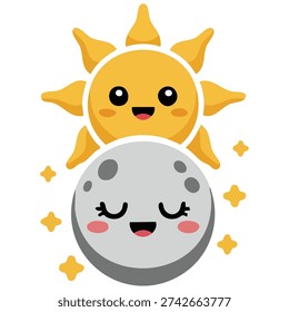 Cute cartoon solar eclipse astronomical phenomenon illustration isolated vector on white background