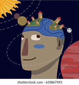 Cute cartoon Solar system. The Earth with houses on the top. Poster or print for classroom