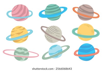 Cute cartoon solar system flat vector character set with cartoon flat style.