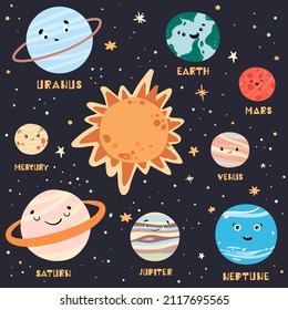 Cute cartoon Solar System objects. Funny universe for kids, sun, pluto, mars, mercury. Planet earth, venus, jupiter, saturn, uranus, neptune. Hand drawn design print, poster, vector illustration. 