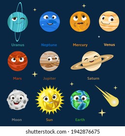 Cute cartoon Solar system planets. Paper cut Uranus Neptune Mercury Venus Mars Jupiter Saturn Earth Sun Moon with smiling faces, vector illustration. Funny childish space planet emoji. Kids astronomy.