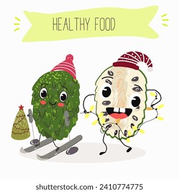 Cute  cartoon soursop, annona, graviola, guanabana, 
citrus, characters with different activities. Flat vector illustration, funny fruits. Organic food.