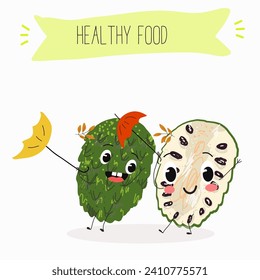 Cute  cartoon soursop, annona, graviola, guanabana, 
citrus, characters with different activities. Flat vector illustration, funny fruits. Organic food.