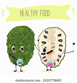 Cute  cartoon soursop, annona, graviola, guanabana, 
citrus, characters with different activities. Flat vector illustration, funny fruits. Organic food.