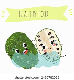 Cute  cartoon soursop, annona, graviola, guanabana, 
citrus, characters with different activities. Flat vector illustration, funny fruits. Organic food.