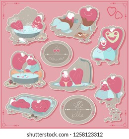 
Cute cartoon spa time character set. Two hearts in love relax in the spa salon. Concept, emblems, stickers, elements for Valentine's Day. Spa treatments. Vector illustration.