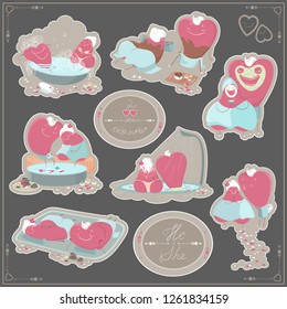 
Cute cartoon spa time character set. Two hearts in love relax in the spa salon. Concept, emblems, stickers, elements for Valentine's Day. Spa treatments. Vector illustration.