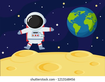 Cute cartoon space astronauts explore the earth's moon surface.