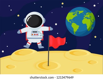 Cute cartoon space astronauts explore the earth's moon surface.