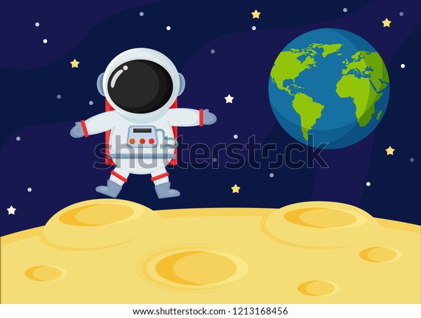 Cute cartoon space astronauts explore the\
earth\'s moon surface.