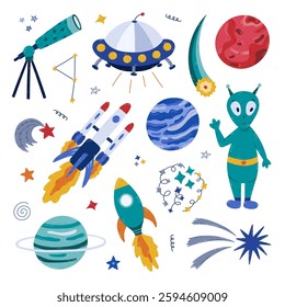 Cute cartoon space and astronomy set with UFO flying saucer, alien, spaceship, rocket, telescope, Mars and Uranus. Childish cosmic symbols. Hand drawn clipart collection isolated on white background.