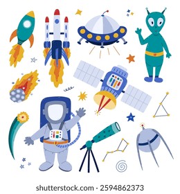 Cute cartoon space and astronomy set with astronaut, asteroid, spaceship, satellite, alien. Childish symbols of Solar System and universe. Hand drawn clipart collection isolated on white background.