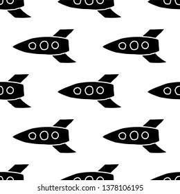 Cute cartoon space background with hand drawn rockets. Sweet vector black and white space background. Seamless monochrome doodle space background for textile, wallpapers, wrapping paper and web.