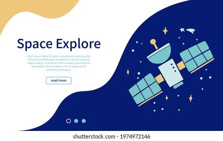 Cute cartoon Space banner template. Hand drawn kids style vector illustration. Space adventure, space explorer, technology, spaceship concept. Web banner, background, poster design