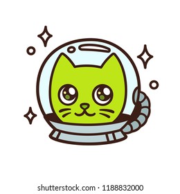 Cute cartoon space cat character drawing. Green alien kitty in astronaut helmet vector illustration.