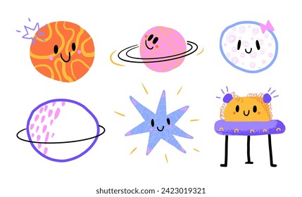 Cute cartoon space characters set. Funny doodle planets, ufo, stars. Hand drawn vector illustrations on white background