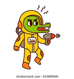 Cute cartoon space crocodile. Funny alien with blaster gun illustration.