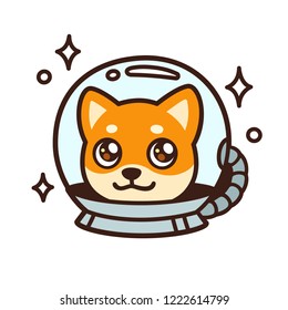 Cute cartoon space dog character drawing. Kawaii anime style Shiba Inu puppy in astronaut helmet, isolated vector illustration.