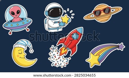Cute cartoon space elements including an alien astronaut moon rocket and planet