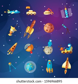 Cute cartoon space explorer, astronomy science and UFO vector set. Lunar rover, rockets, space sheeps and shuttle, aliens. Space equipment, rockets and shuttles collection for kids