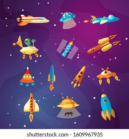 Cute cartoon space explorer, astronomy science and UFO vector set. Lunar rover, rockets, space sheeps and shuttle, aliens. Space equipment, rockets and shuttles collection for kids