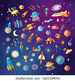 Cute cartoon space explorer  astronomy science   UFO vector set  Lunar rover  planets  rockets  space objects   aliens cosmos background  Space explorer collection for kids