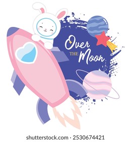 Cute cartoon space illustration with cute bunny astronaut, rocket and planets