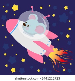 Cute cartoon space mouse flies on a rocket. Minimalistic children s character, cute stylized mouse in a flying saucer, illustration background. Trendy pattern for wrapping paper, wallpaper, stickers