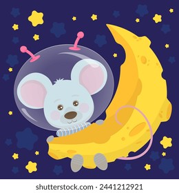 A cute cartoon space mouse in a spacesuit is hooked onto a planet that looks like cheese. Minimalistic children s character, cute stylized mouse in a flying saucer, illustration background. Trendy