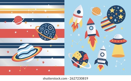 Cute cartoon space pattern with planets rockets UFOs and stars in flat style